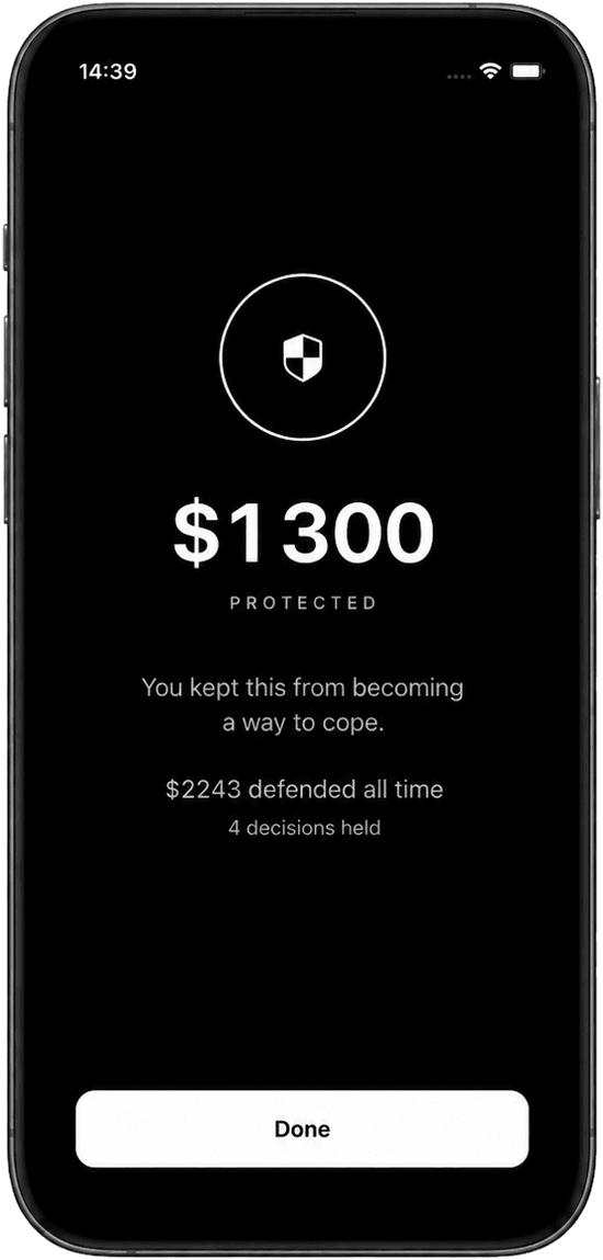 The Axyom screen showing $1,300 protected, money kept from becoming a way to cope