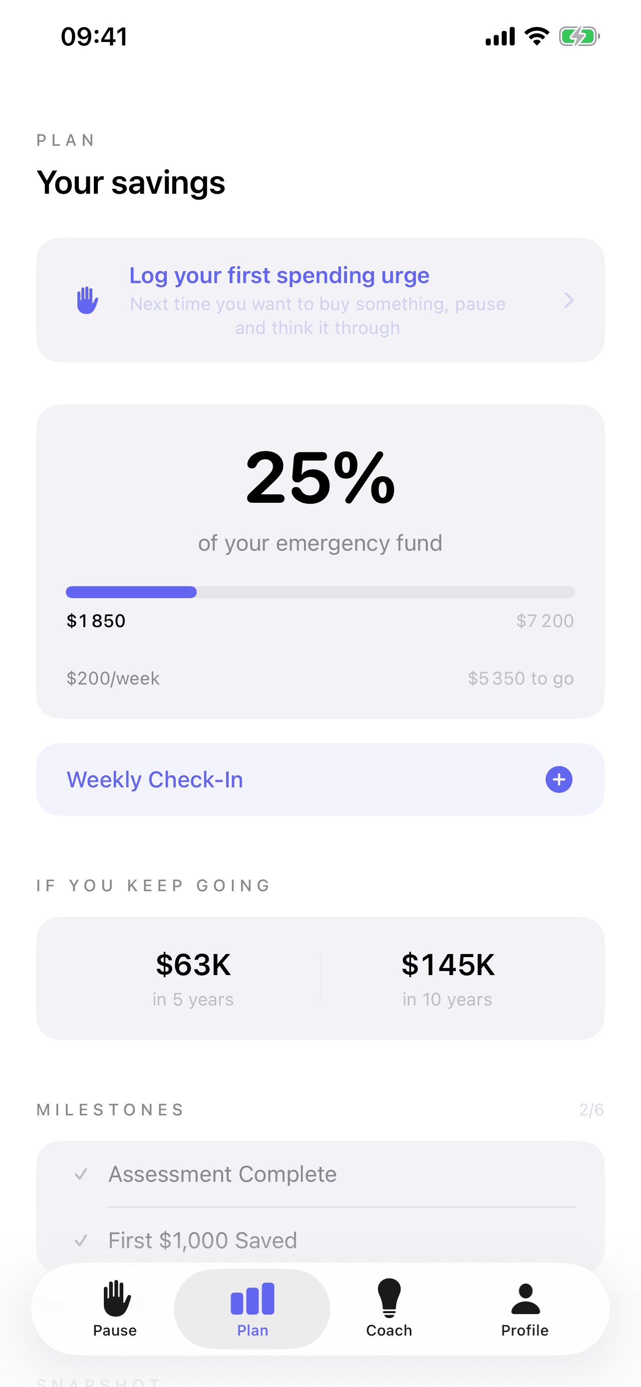 Plan — Emergency fund progress and projections