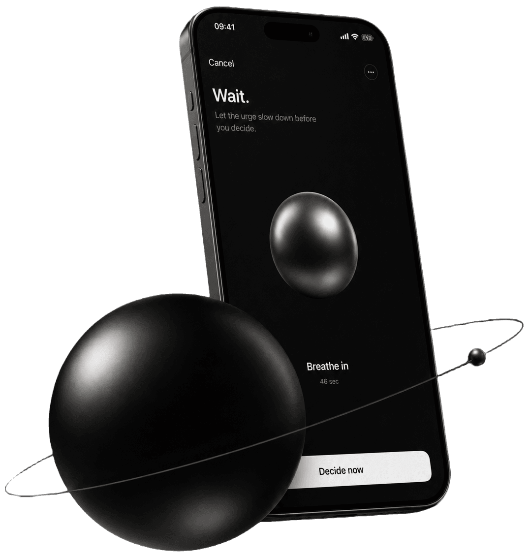 The Axyom pause: the metallic sphere in orbit in front of the breathing screen