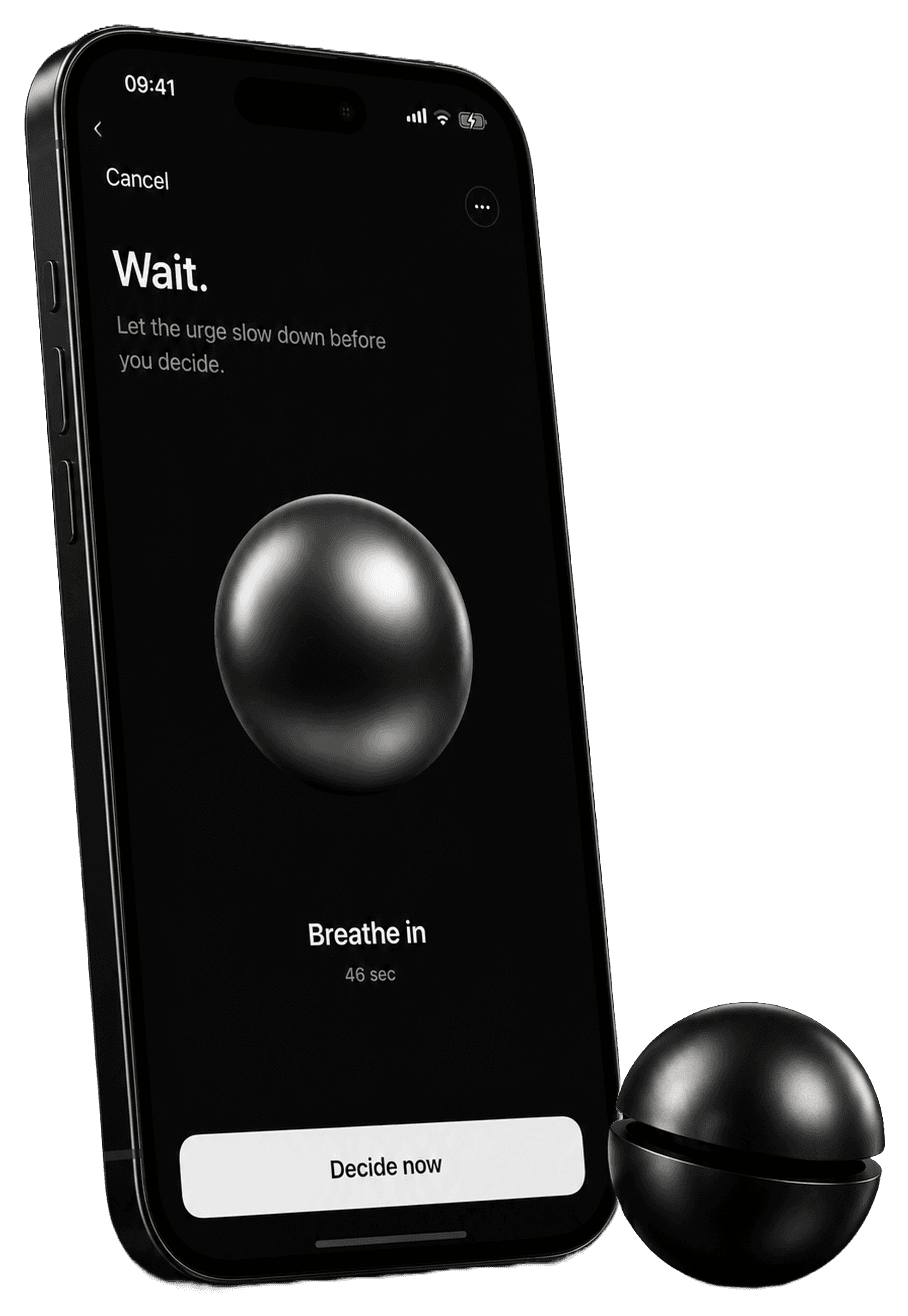 Axyom stepping in before a shopping app opens: the breathing pause with the metallic sphere