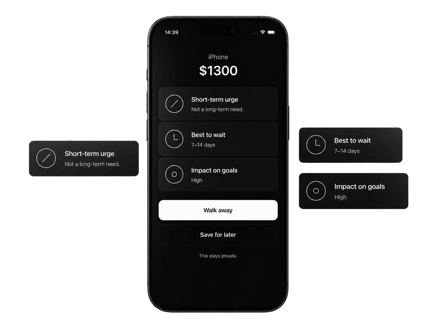 Axyom Pause decision screen: walk away or save for later