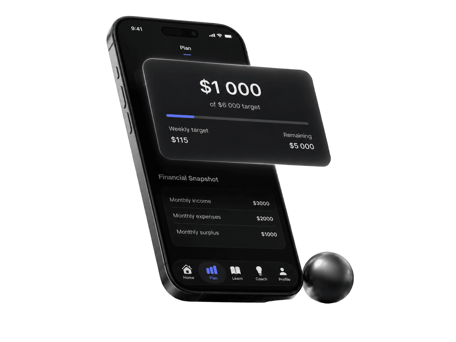Axyom Plan screen: emergency fund target and weekly amount